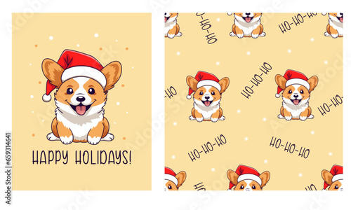Vector set new year card and seamless pattern. Cute corgi in santa claus hat, happy vacations caption. Printable print and holiday pattern. Vector illustration