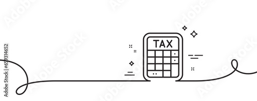 Tax calculator line icon. Continuous one line with curl. Calculate tax rate sign. Accounting symbol. Tax calculator single outline ribbon. Loop curve pattern. Vector