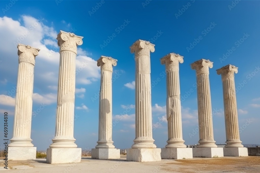 Arrangement of elliptical ancient marble pillars under blue sky. Generative AI