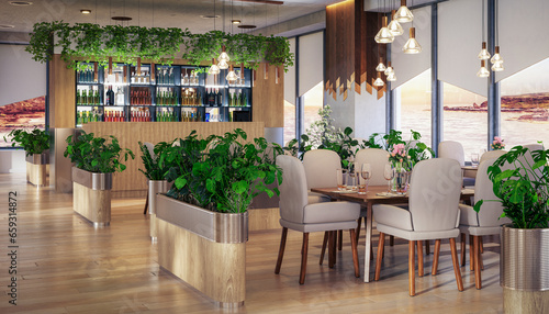 Fototapeta Naklejka Na Ścianę i Meble -  Modern Restaurant in Sustainable Interior Design - 3D Visualization