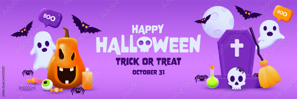 3D Halloween Background template with Happy Halloween text. Halloween design element In 3D and plastic cartoon style. Halloween pumpkin 3D style for poster, banner, greeting card. Vector 3d illustrati