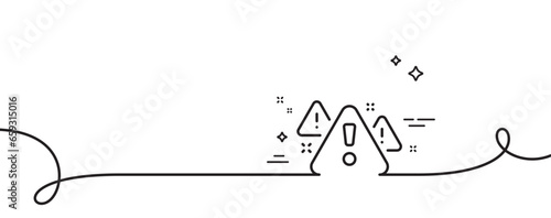 Warning line icon. Continuous one line with curl. Attention triangle sign. Caution alert symbol. Warning single outline ribbon. Loop curve pattern. Vector