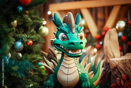 Green dragon toy on the background of a Christmas tree. Decorated Christmas tree. Selective Focus.