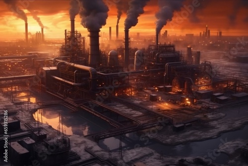 City industrial plant with smoking pipes, smog, and air pollution. Generative AI