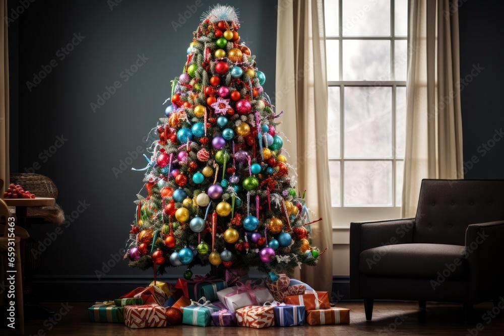 Playful and colorful Christmas tree decorated with candy-themed ornaments, invoking a sense of childlike joy and delight. Generative Ai
