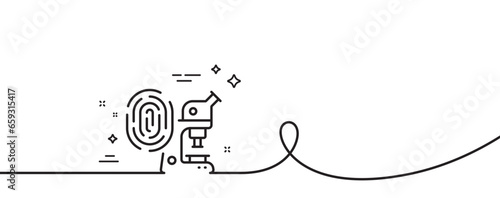 Fingerprint research line icon. Continuous one line with curl. Microscope investigation sign. Biometric identity symbol. Fingerprint research single outline ribbon. Loop curve pattern. Vector