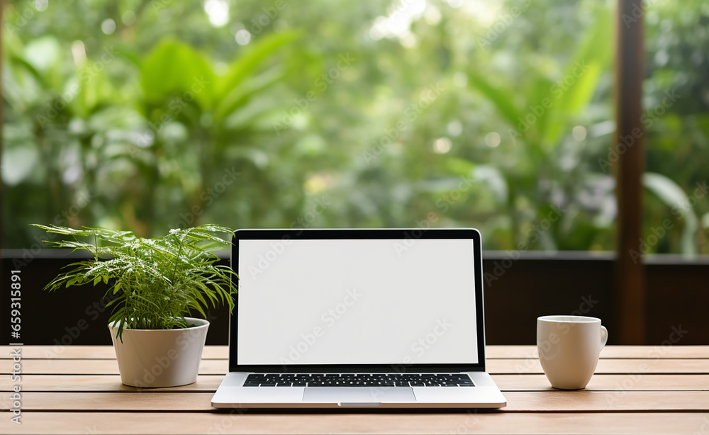 Wooden table with laptop white screen and a cup of coffee, complemented by a vibrant potted plant blurred background. generative AI Wooden table with laptop white screen and a cup of coffee, complemented by a vibrant potted plant blurred background. generative AI
