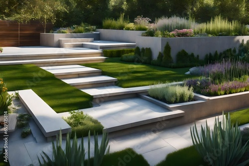 A contemporary garden design with a stone terrace, grass, and herbs photo
