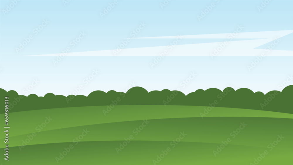 Obraz premium landscape cartoon scene with green hills and white cloud in summer blue sky background