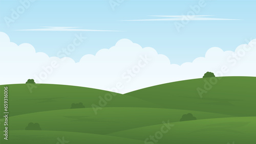 landscape cartoon scene with green hills and white cloud in summer blue sky background