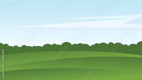landscape cartoon scene with green hills and white cloud in summer blue sky background