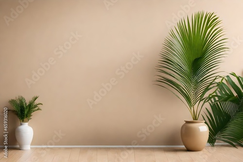 Background of a vacant room interior with a beige stucco wall, vases, and a palm leaf