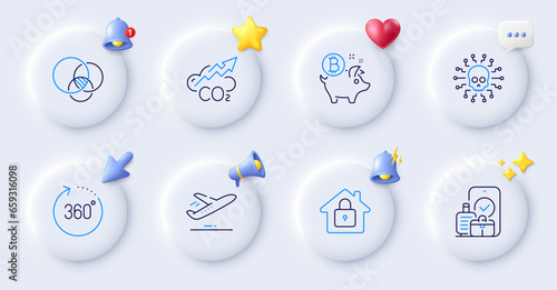 Bitcoin coin, 360 degrees and Cyber attack line icons. Buttons with 3d bell, chat speech, cursor. Pack of Euler diagram, Plane, Co2 icon. Lock, Carry-on baggage pictogram. Vector
