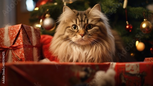 fluffy cat having christmas created with Generative AI