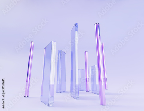 Glass rectangle plates and crystal pillars on abstract purple background 3d render. Transparent iridescent vertical geometric shapes  clear long figures with hologram gradient texture. 3D illustration