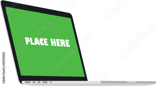 LAPTOP GREEN SCREEN PERSPECTIVE VIEW SIDE VIEW GREEN SCREEN ON WHITE BACKGROUND VECTOR ILLUSTRATION