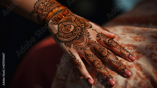 Women hands in traditional mehendi henna. Henna drawings on female skin of hand, custom and tradition. 