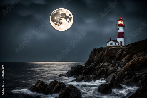 A lighthouse on a rocky coastline, its beam of light cutting through the darkness under a full moon.