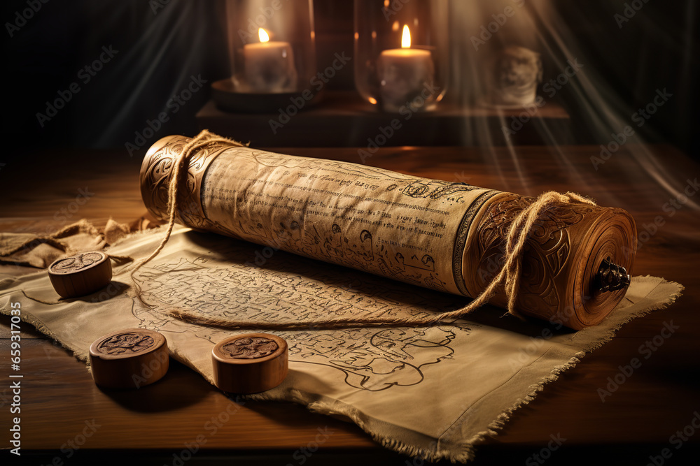 An ancient scroll adorned with mystical sigils and seals is unfurled on a sturdy oak table, bathed in soft light