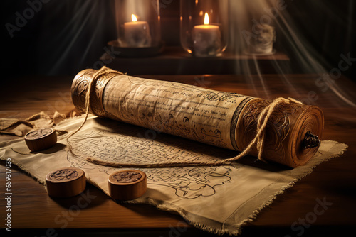 An ancient scroll adorned with mystical sigils and seals is unfurled on a sturdy oak table, bathed in soft light