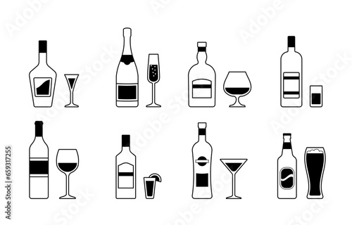 Linear icons of beverages in black and white style. Alcohol bottles and glasses collection in line art style. Banner in flat design background. Vector illustration.