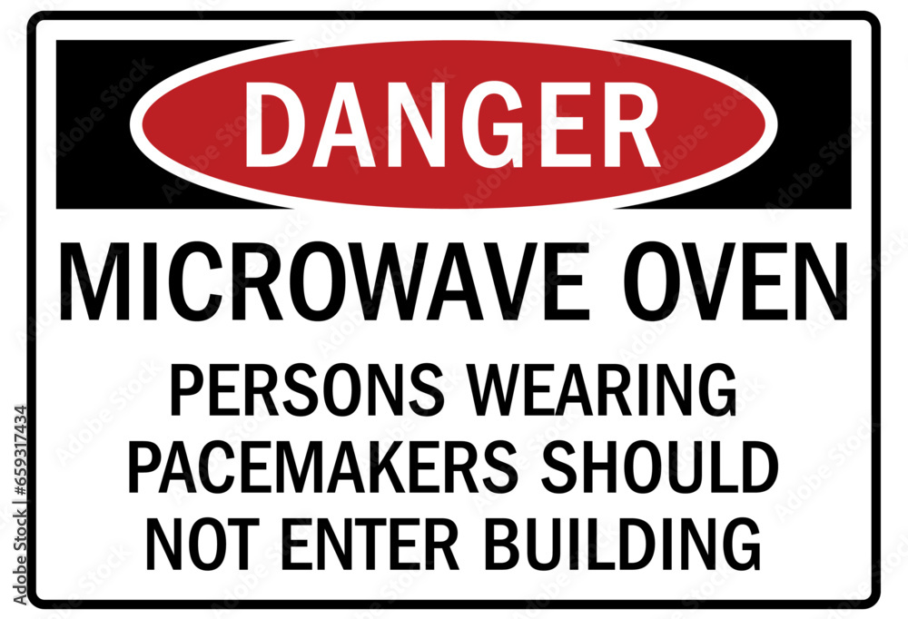 Pacemaker and magnetic hazard warning sign and labels microwave oven. Persons wearing pacemakers should not enter building