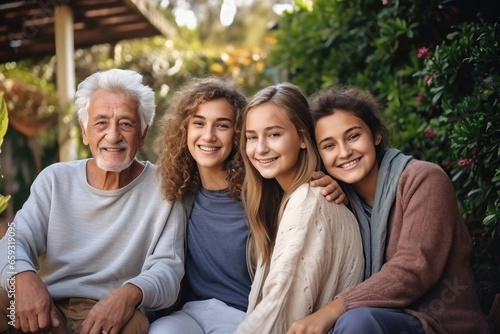 Big family together. Family photo of joyful children and old people. Children and grandchildren visit elderly parents. Family traditions and values. Friendly family. Caring for the elderly.