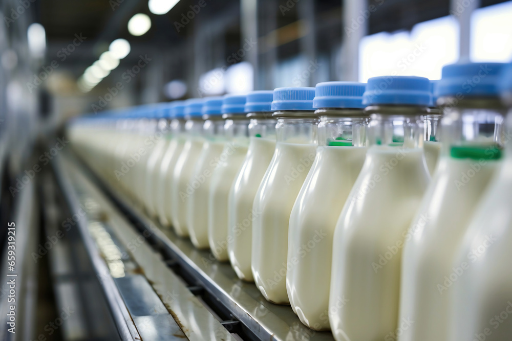 Conveyor for bottling milk into bottles at a modern dairy plant. Line for bottling and packaging of dairy products. Industrial equipment. Fresh milk. Conveyor for bottling milk into bottles at a modern dairy plant. Line for bottling and packaging of dairy products. Industrial equipment. Fresh milk.