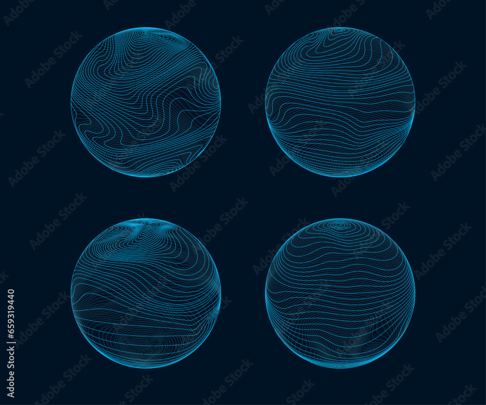 3d line sphere. Globe with wavy line pattern, futuristic digital network technology planet, 3d matrix concept. Data circles with editable stroke vector set - obrazy, fototapety, plakaty 