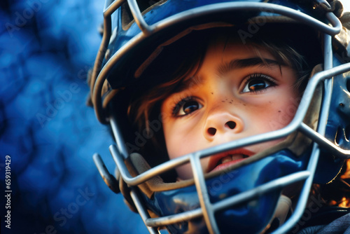 A close up of a child wearing a baseball helmet. Boy in a helmet. Sports protective equipment. Children's sports. © Anoo