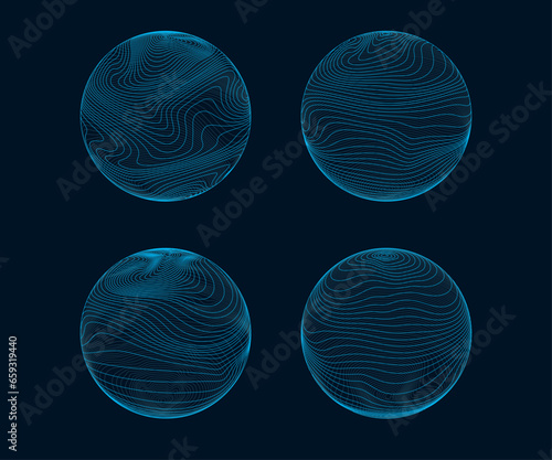 3d line sphere. Globe with wavy line pattern, futuristic digital network technology planet, 3d matrix concept. Data circles with editable stroke vector set
