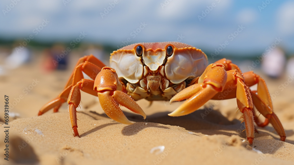 Step into the world of coastal wildlife with this breathtaking closeup of a crab on a sunny seashore. This photo, taken with a zoom lens, captures the essence of a day spent by the ocean, where land a
