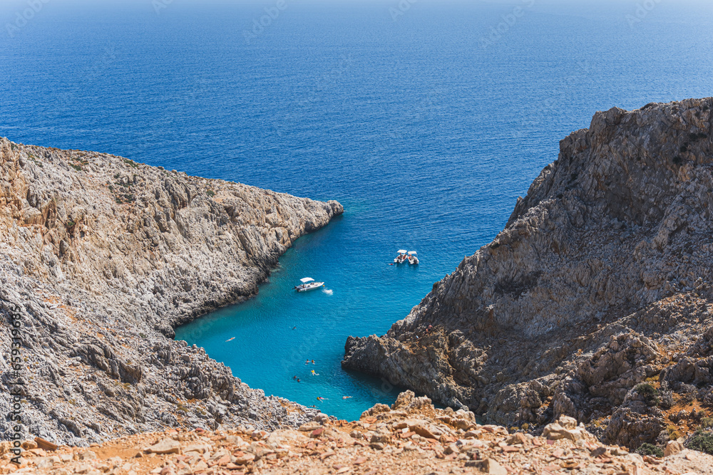 one of the most beautiful beaches in Greece, nestled in a canyon leading out to the sea. Inside the narrow slip between two cliffs, Seitan Limania Crete. High quality photo