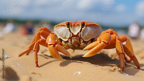 Step into the world of coastal wildlife with this breathtaking closeup of a crab on a sunny seashore. This photo, taken with a zoom lens, captures the essence of a day spent by the ocean, where land a © Siriroj