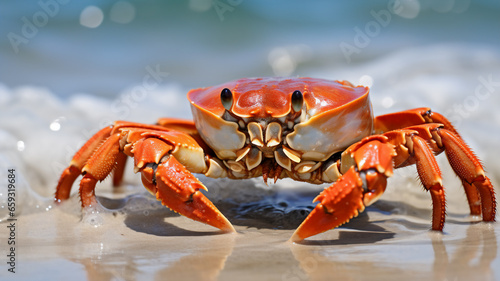 Discover the beauty of a crab by the ocean s edge on a bright and sunny day. This high-quality closeup  taken with a 70-200mm zoom lens  brings you face-to-face with a marine creature on the sandy sho