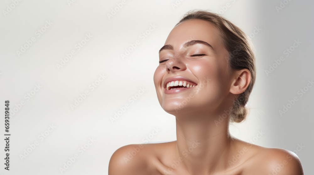 joyful woman with closed eyes showcasing a radiant smile for a skincare advertisement, perfect skin, cosmetics mockup, face turned to the left on a white background - obrazy, fototapety, plakaty 