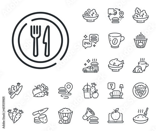 Dish plate with fork and knife sign. Crepe, sweet popcorn and salad outline icons. Food line icon. Eat at restaurant symbol. Food line sign. Pasta spaghetti, fresh juice icon. Supply chain. Vector