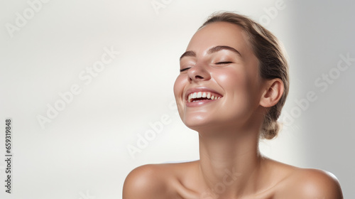 joyful woman with closed eyes showcasing a radiant smile for a skincare advertisement, perfect skin, cosmetics mockup, face turned to the left on a white background