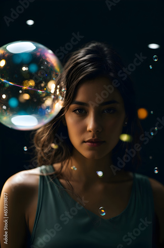 Fragile Beauty: Woman and Soap Bubble Double Exposure