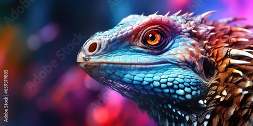 Neon portrait of beautiful reptile. Dinosaur neon background. Portrait of luminous phosphoric dragon on blurred trendy neon background. Banner size  copy space