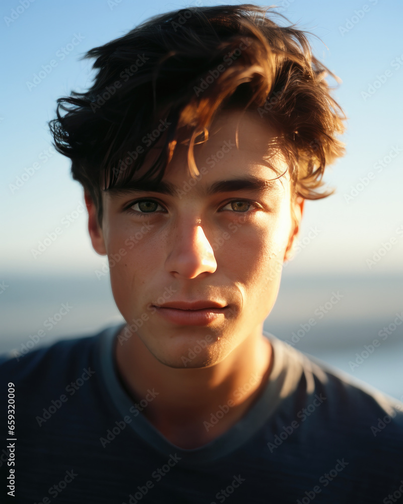 young man enjoying the serenity of the ocean, part of the face lit by the light of the sunset, an adventure teenager portrait young man enjoying the serenity of the ocean, part of the face lit by the light of the sunset, an adventure teenager portrait