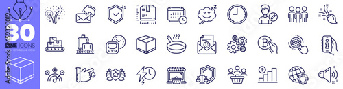 Online market, Brush and Calendar line icons pack. Fireworks, Globe, Share mail web icon. Baggage reclaim, Correct answer, Cogwheel pictogram. Package size, Bitcoin pay, Smile. Vector