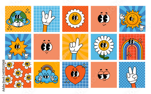 Cartoon groovy cards. Vintage 70s comic characters on posters. Funny retro flower, daisy, heart, rainbow, hands and trendy elements. Psychedelic sticker vector set