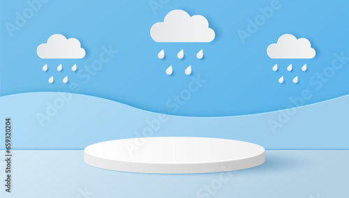 Paper cut of white cylinder podium for products display presentation with clouds and raindrops. Vector illustration