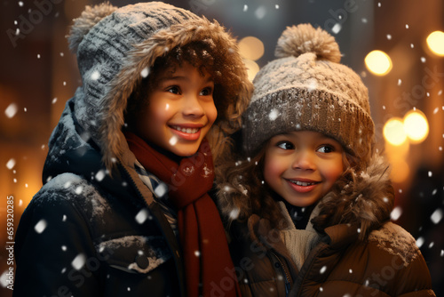 African American little girls in winter outfit fascinated looking at snowfall. Winter lifestyle