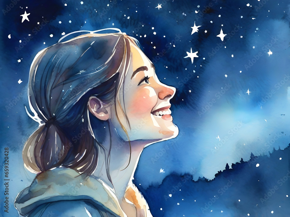 Smiling girl looking into the bright starry night sky. Side view portrait. Watercolor illustration Smiling girl looking into the bright starry night sky. Side view portrait. Watercolor illustration