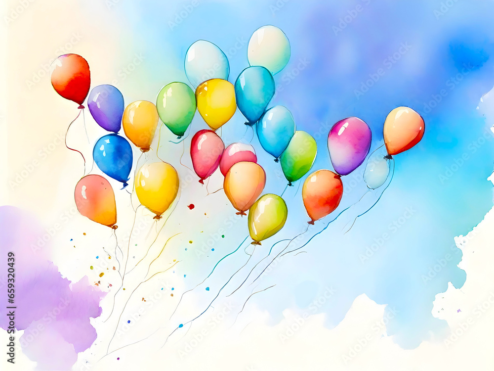 Lots of multicolored bright balloons going up into the clear blue sky. Watercolor illustration, mockup, copy space