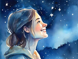 Smiling girl looking into the bright starry night sky. Side view portrait. Watercolor illustration