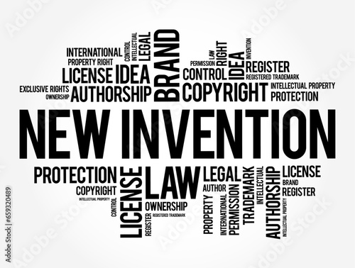 New Invention - any invention that has not been anticipated in any prior art or used in the country or anywhere in the world, word cloud concept background