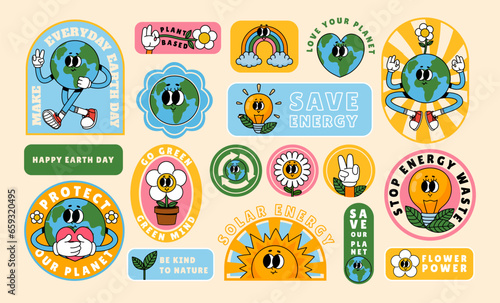 Cartoon retro Earth stickers. Save planet. Old style 70s funny mascot eco-friendly earth character. Concept design with protection nature. Earth day. Vector illustration